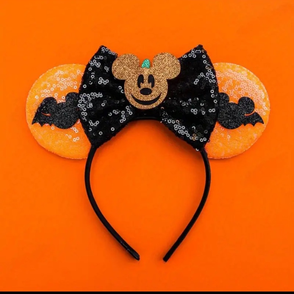 Sequin Halloween Orange & Black Mickey Ear Headband